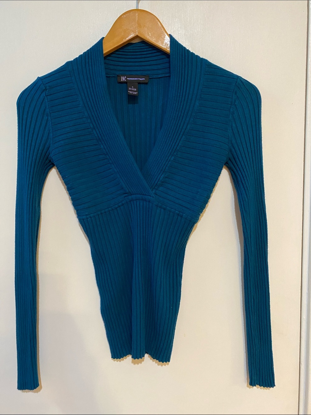 INC International Concepts Teal Ribbed V-Neck Slim Sweater
